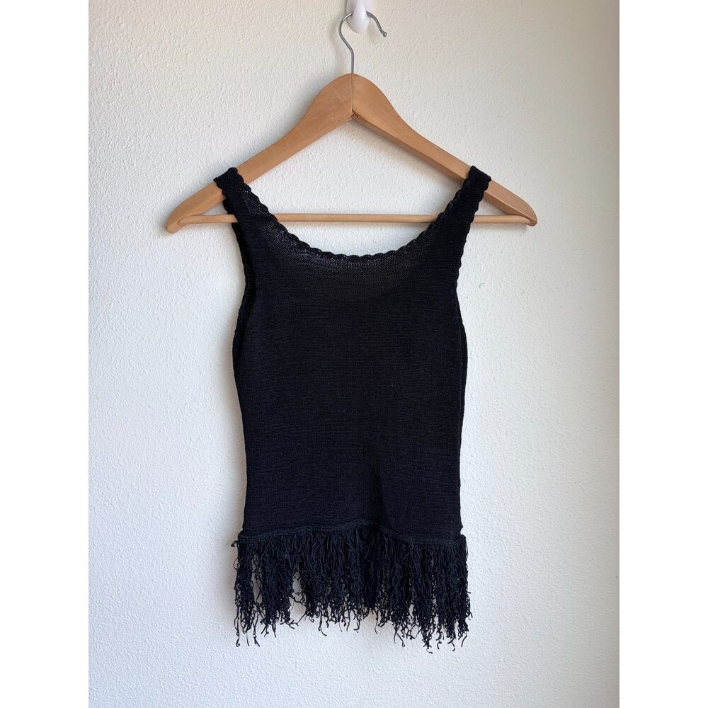 AMERICAN VINTAGE Y2K Black Knit Fringe Tank Top Crochet Shaker Cami Womens XS-S